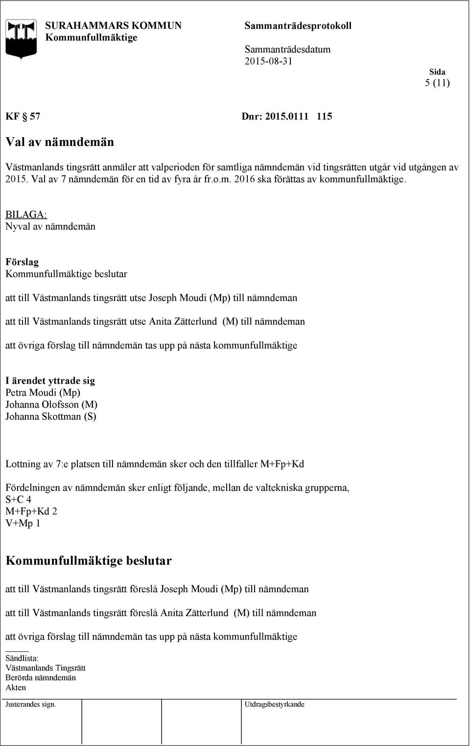 BILAGA: Nyval av nämndemän att till Västmanlands tingsrätt utse Joseph Moudi (Mp) till nämndeman att till Västmanlands tingsrätt utse Anita Zätterlund (M) till nämndeman att övriga förslag till