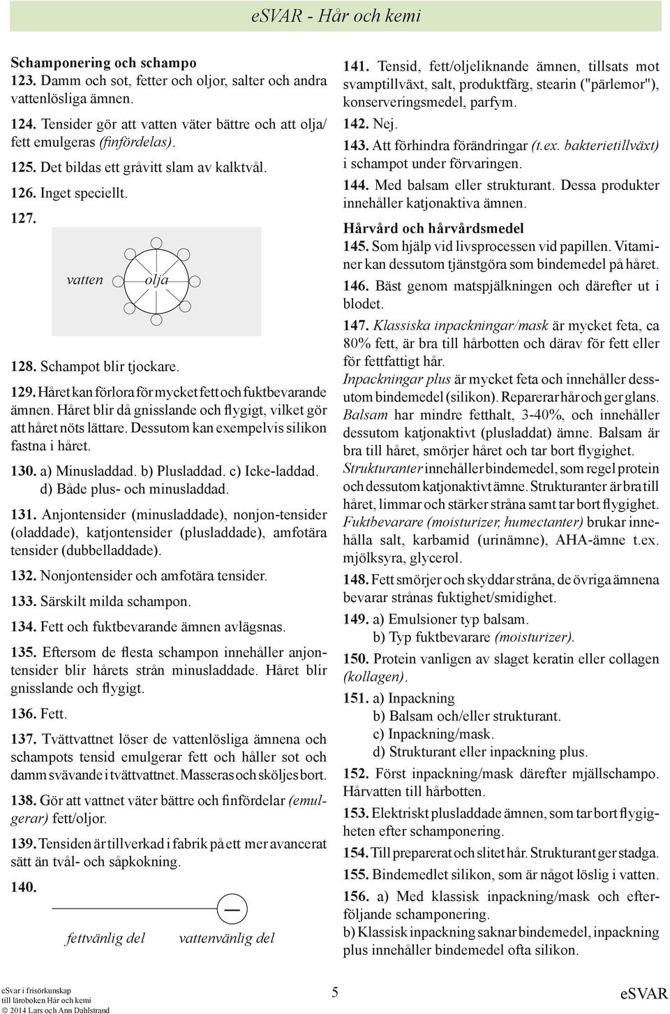 Håret kan förlora för mycket fett och fuktbevarande ämnen. Håret blir då gnisslande och flygigt, vilket gör att håret nöts lättare. Dessutom kan exempelvis silikon fastna i håret. 130. a) Minusladdad.