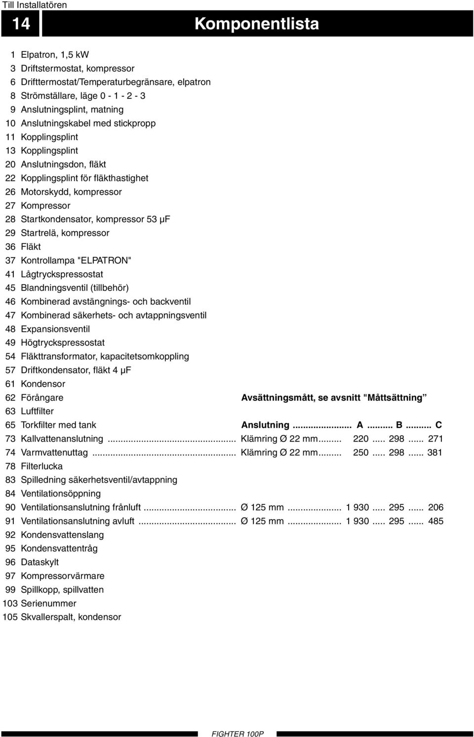 kompressor 53 µf 29 Startrelä, kompressor 36 Fläkt 37 Kontrollampa "ELPATRON" 41 Lågtryckspressostat 45 Blandningsventil (tillbehör) 46 Kombinerad avstängnings- och backventil 47 Kombinerad