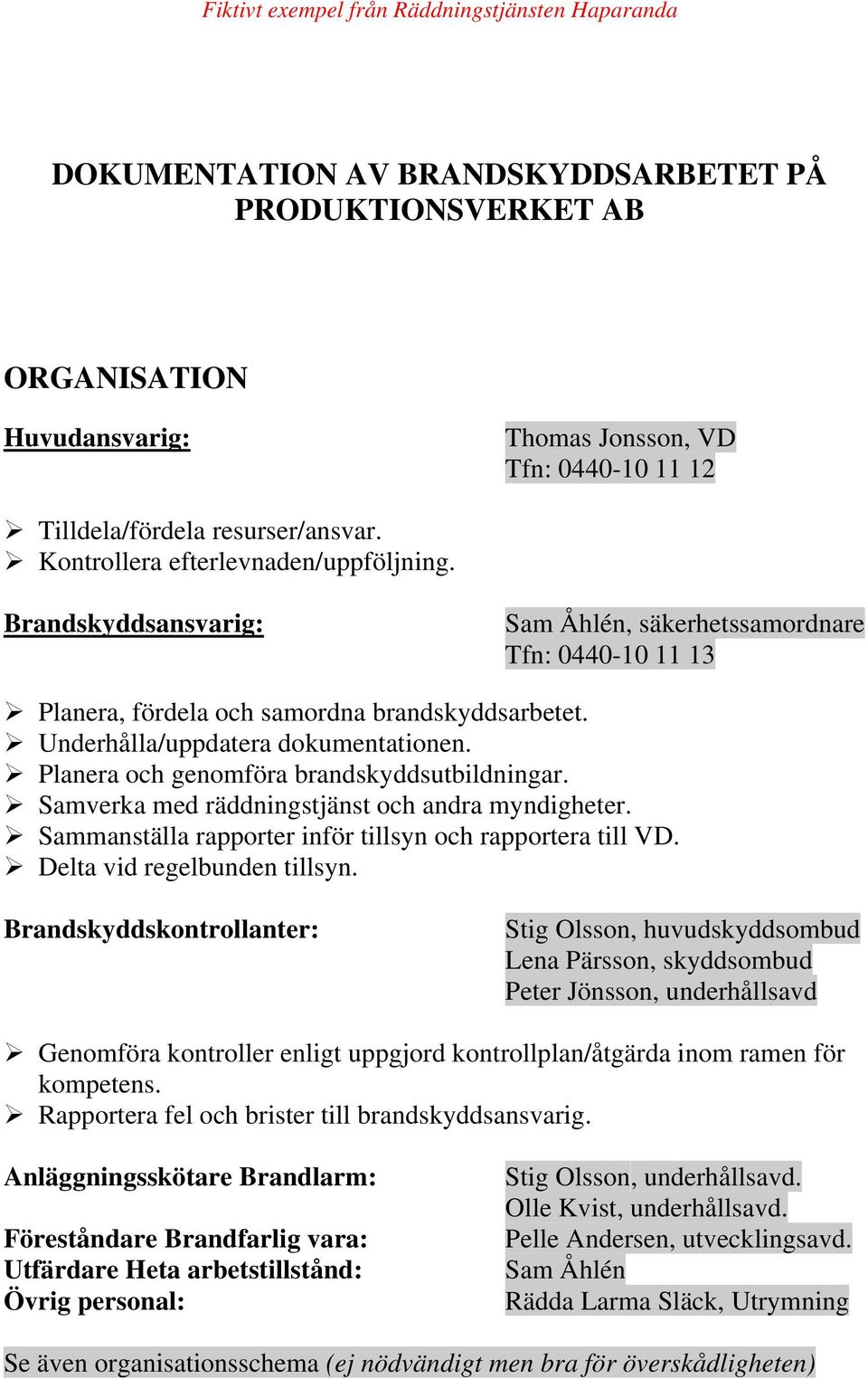 Planera och genomföra brandskyddsutbildningar. Samverka med räddningstjänst och andra myndigheter. Sammanställa rapporter inför tillsyn och rapportera till VD. Delta vid regelbunden tillsyn.