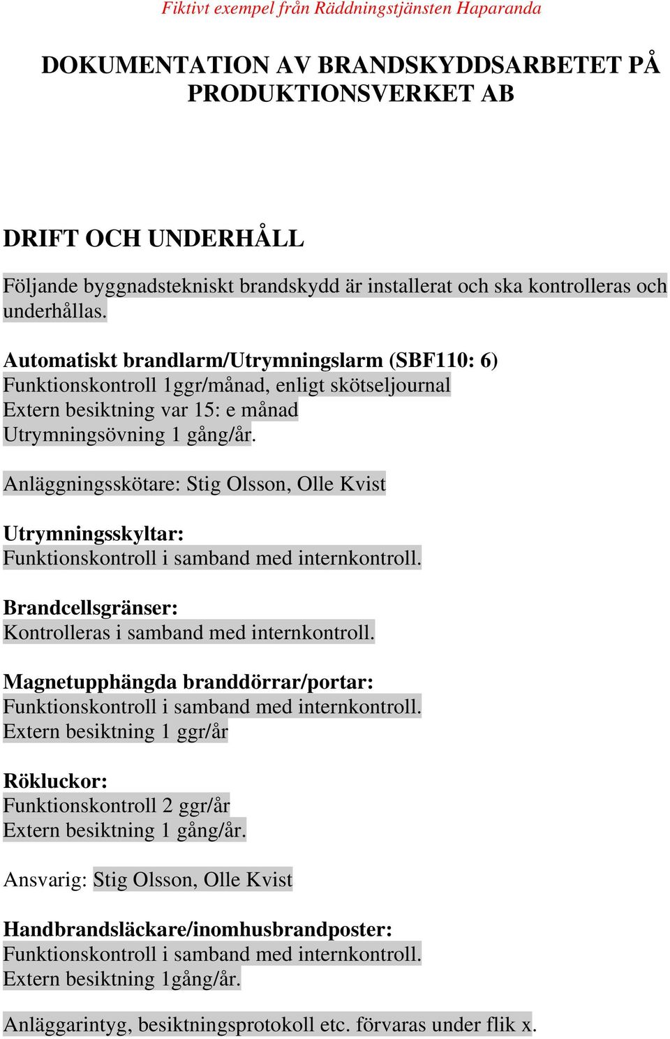 Anläggningsskötare: Stig Olsson, Olle Kvist Utrymningsskyltar: Funktionskontroll i samband med internkontroll. Brandcellsgränser: Kontrolleras i samband med internkontroll.