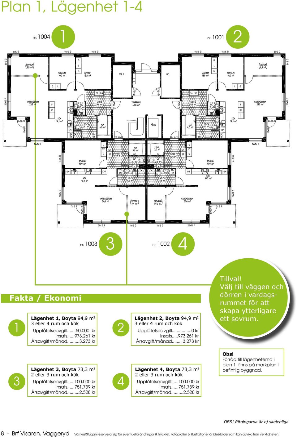 3 Lägenhet 3, Boyta 73,3 m 2 2 eller 3 rum och kök Upplåtelseavgift...100.000 kr Insats...751.739 kr Årsavgift/månad...2.528 kr 4 Lägenhet 4, Boyta 73,3 m 2 2 eller 3 rum och kök Upplåtelseavgift...100.000 kr Insats...751.739 kr Årsavgift/månad...2.528 kr Obs!