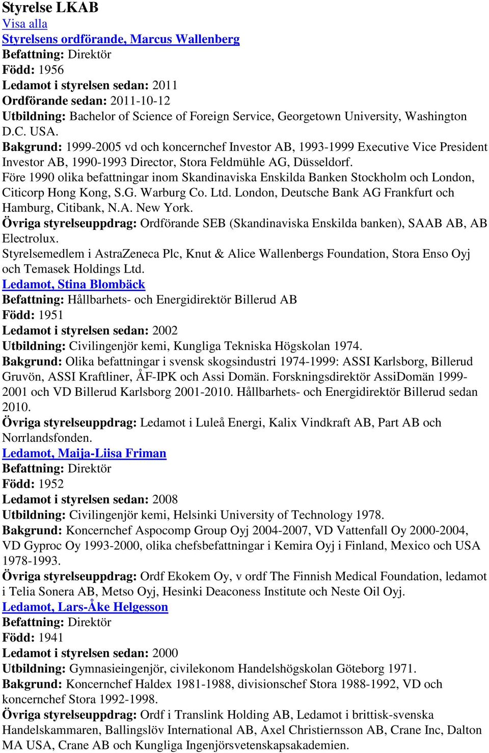 Före 1990 olika befattningar inom Skandinaviska Enskilda Banken Stockholm och London, Citicorp Hong Kong, S.G. Warburg Co. Ltd. London, Deutsche Bank AG Frankfurt och Hamburg, Citibank, N.A. New York.