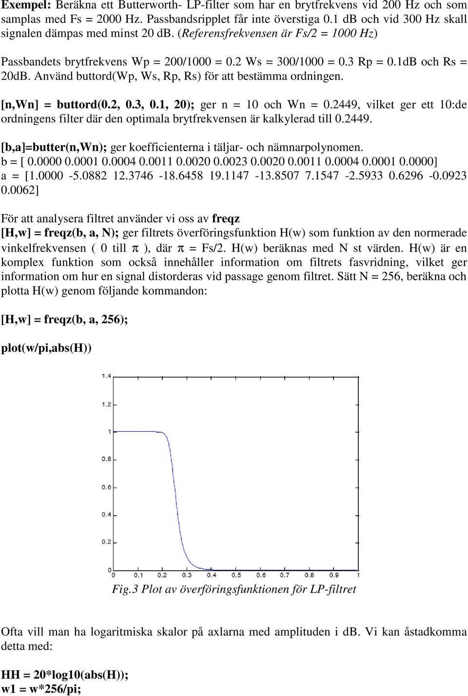 Använd buttord(wp, Ws, Rp, Rs) för att bestämma ordningen. [n,wn] = buttord(0.2, 0.3, 0.1, 20); ger n = 10 och Wn = 0.