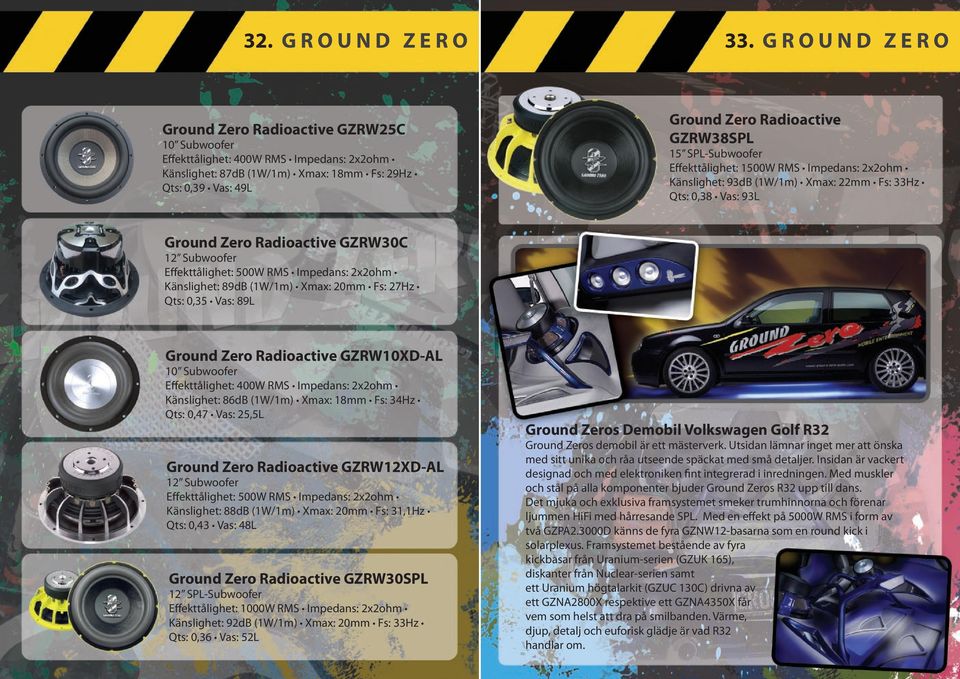 GZRW38SPL 15 SPL-Subwoofer Effekttålighet: 1500W RMS Impedans: 2x2ohm Känslighet: 93dB (1W/1m) Xmax: 22mm Fs: 33Hz Qts: 0,38 Vas: 93L Ground Zero Radioactive GZRW30C 12 Subwoofer Effekttålighet: 500W