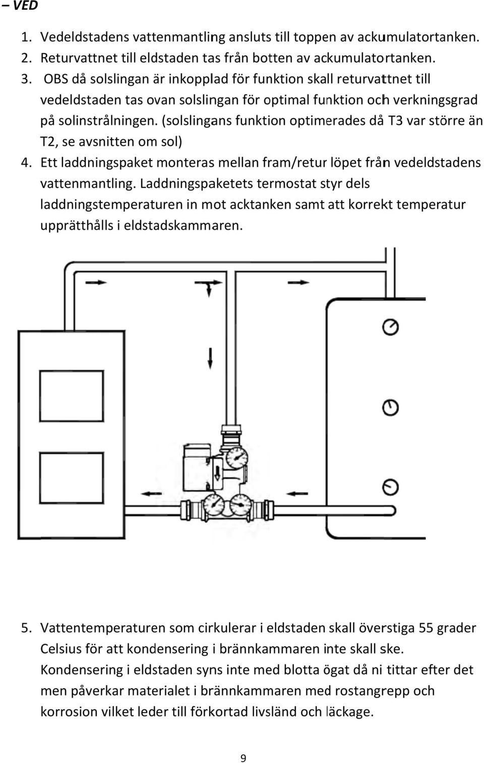 (solslingans funktion optimerades då T3 var större än T2, se avsnitten om sol) 4. Ett laddningspaket monterass mellan fram/retur löpet frånn vedeldstadens vattenmantling.