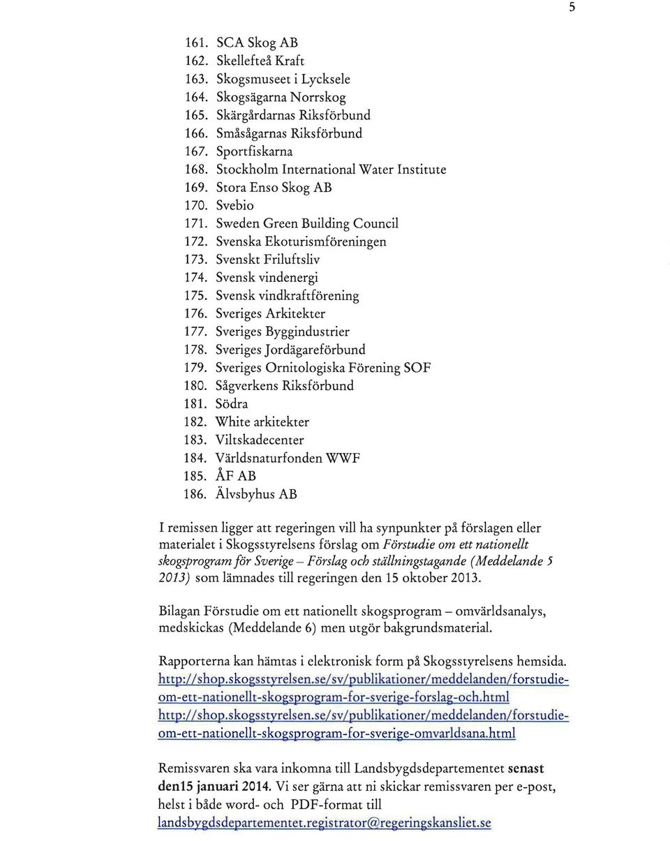 Svensk vindkraftförening 176. Sveriges Arkitekter 177. Sveriges Byggindustrier 178. Sveriges J ordägareförbund 179. Sveriges Ornitologiska Förening SOF 180. Sågverkens Riksförbund 181. Södra 182.