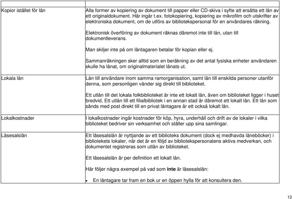 Elektronisk överföring av dokument räknas däremot inte till lån, utan till dokumentleverans. Man skiljer inte på om låntagaren betalar för kopian eller ej.