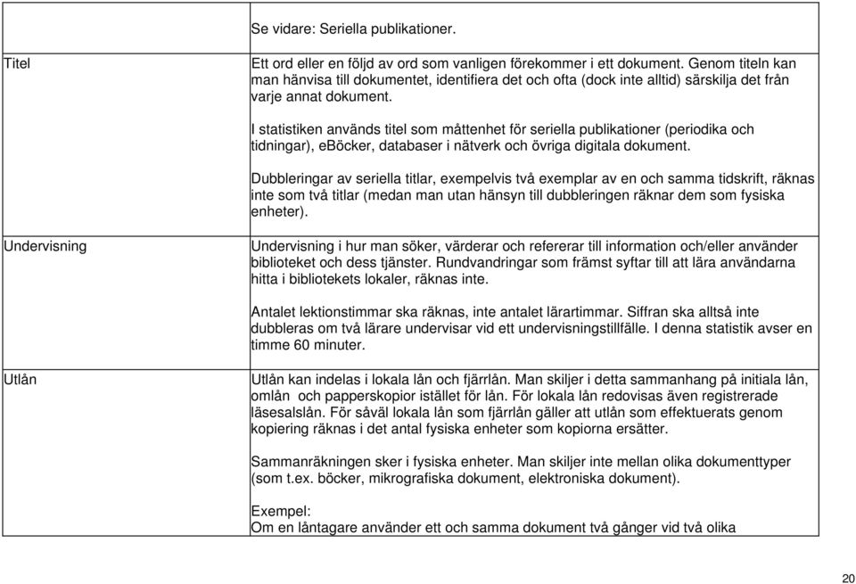 I statistiken används titel som måttenhet för seriella publikationer (periodika och tidningar), eböcker, databaser i nätverk och övriga digitala dokument.
