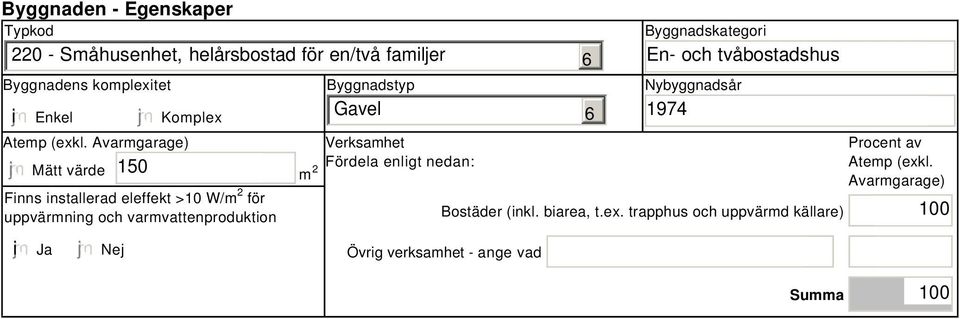 Avarmgarage) i Mätt värde 150 Finns installerad eleffekt >10 W/m 2 för uppvärmning och varmvattenproduktion m 2 Byggnadstyp