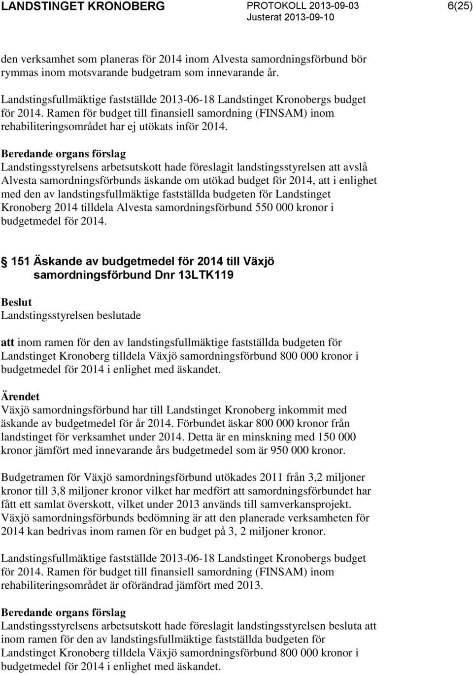 Landstingsstyrelsens arbetsutskott hade föreslagit landstingsstyrelsen att avslå Alvesta samordningsförbunds äskande om utökad budget för 2014, att i enlighet med den av landstingsfullmäktige