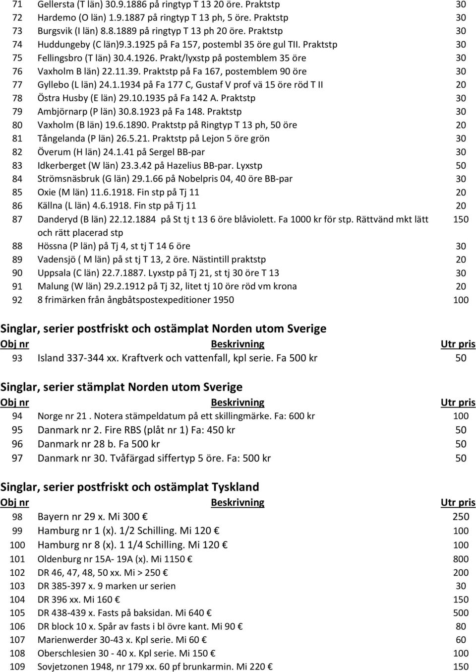 Praktstp på Fa 167, postemblem 90 öre 30 77 Gyllebo (L län) 24.1.1934 på Fa 177 C, Gustaf V prof vä 15 öre röd T II 20 78 Östra Husby (E län) 29.10.1935 på Fa 142 A.