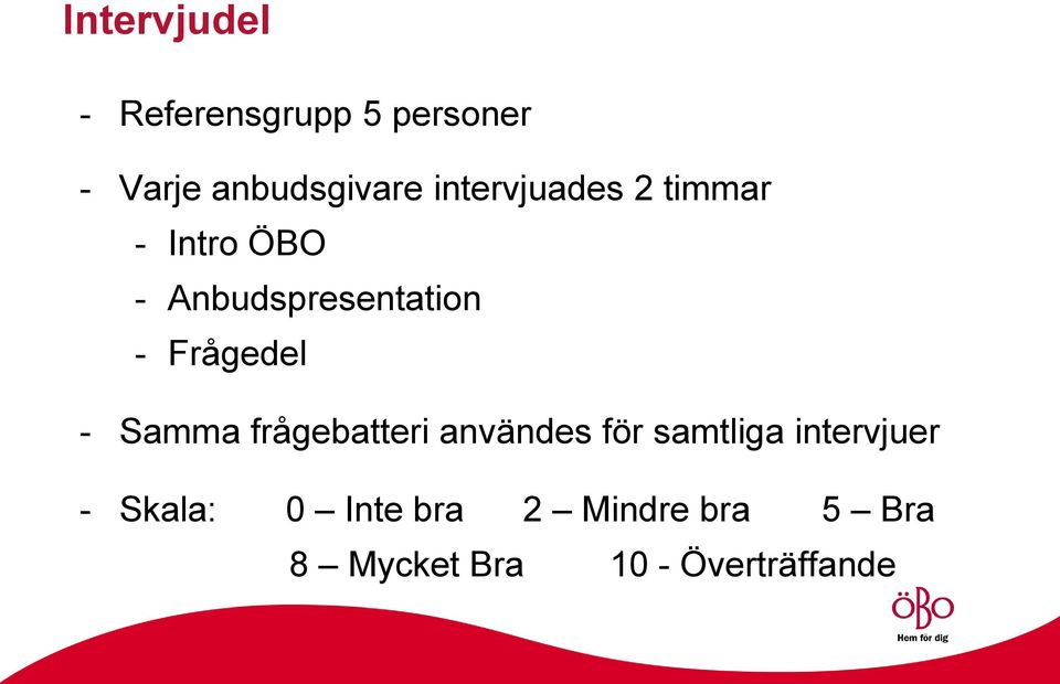 Frågedel - Samma frågebatteri användes för samtliga intervjuer