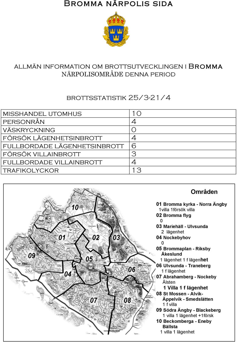 Bromma flyg 0 03 Mariehäll - Ulvsunda 2 lägenhet 04 Nockebyhov 0 05 Brommaplan - Riksby Åkeslund 1 lägenhet 1 f lägenhet 06 Ulvsunda - Traneberg 1 f lägenhet 07 Abrahamberg - Nockeby