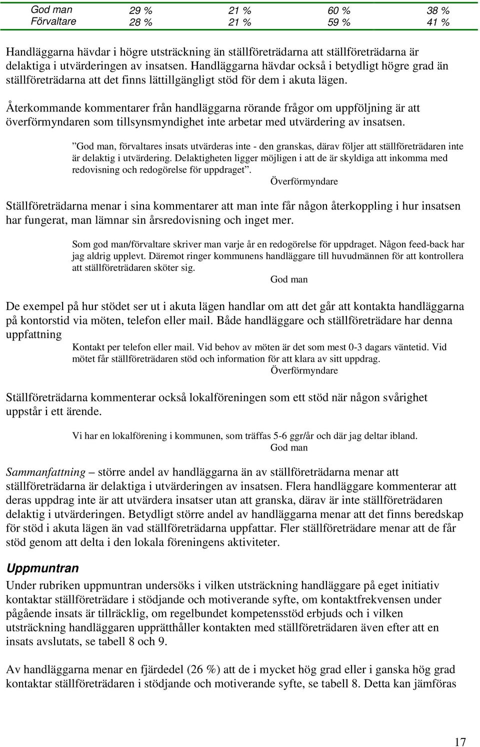 Återkommande kommentarer från handläggarna rörande frågor om uppföljning är att överförmyndaren som tillsynsmyndighet inte arbetar med utvärdering av insatsen.