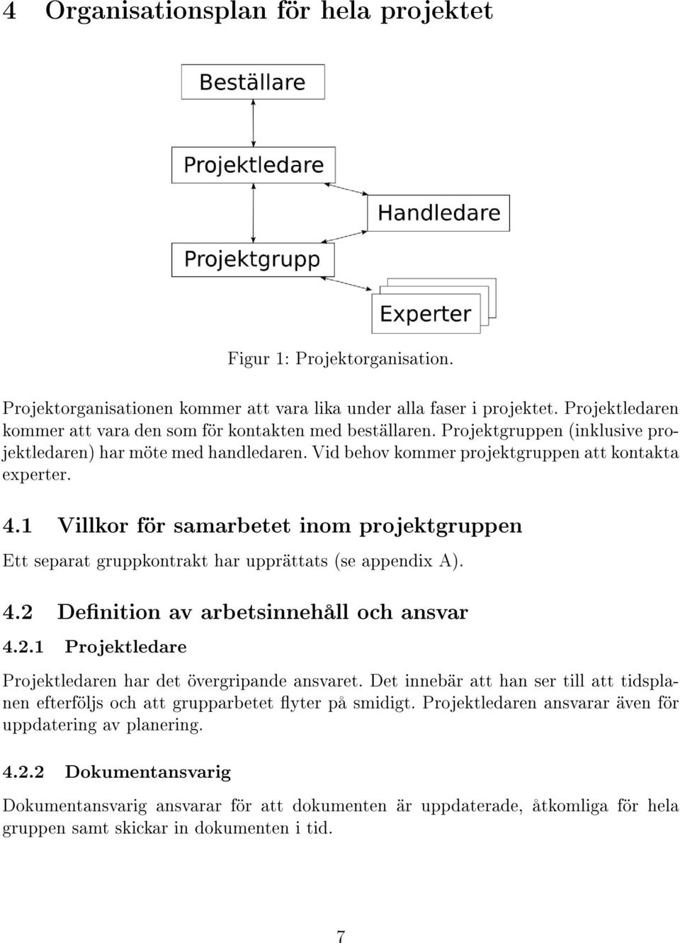 1 Villkor för samarbetet inom projektgruppen Ett separat gruppkontrakt har upprättats (se appendix A). 4.2 Denition av arbetsinnehåll och ansvar 4.2.1 Projektledare Projektledaren har det övergripande ansvaret.