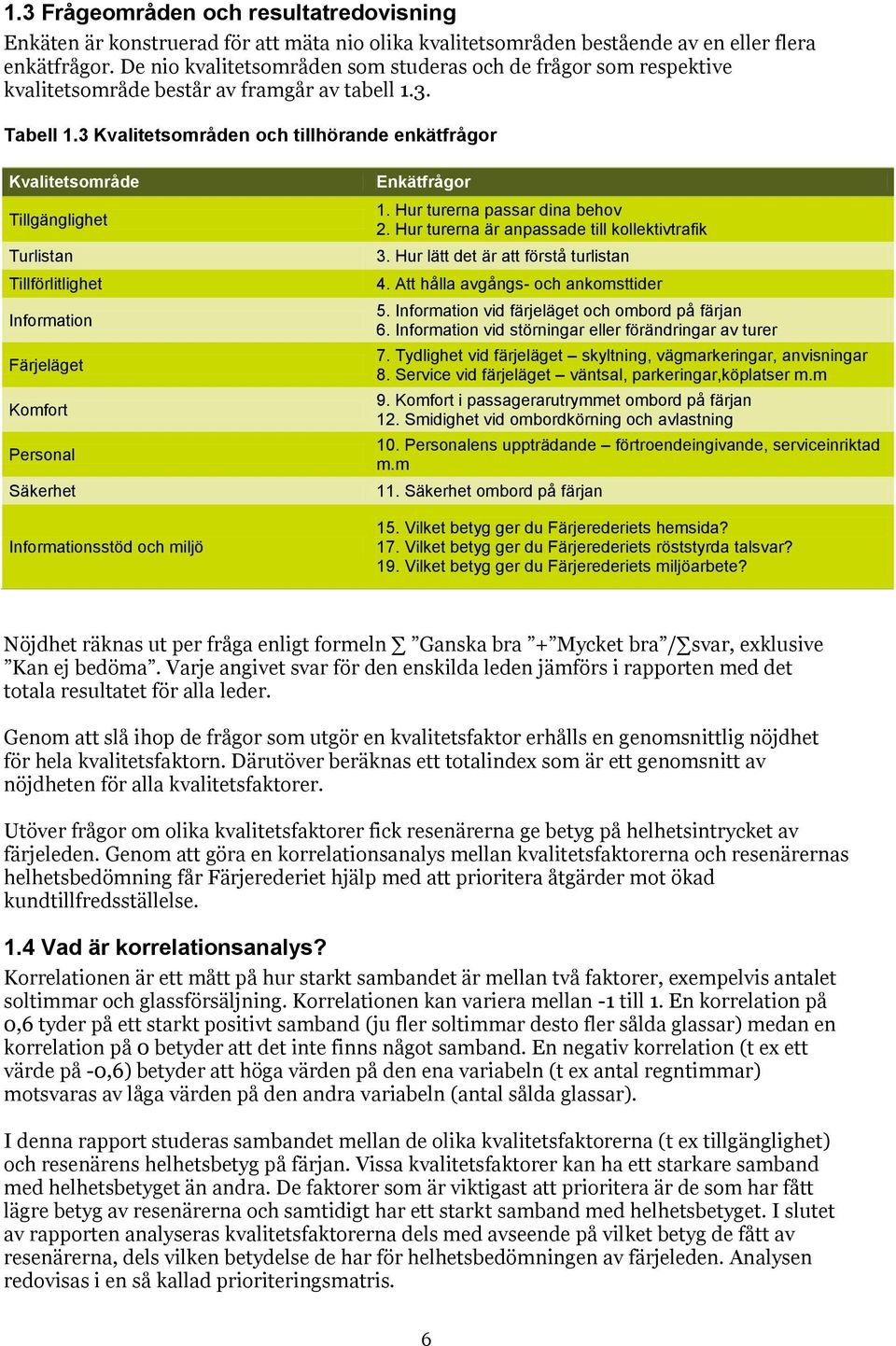 3 Kvalitetsområden och tillhörande enkätfrågor Kvalitetsområde Tillgänglighet Turlistan Tillförlitlighet Information Färjeläget Komfort Personal Säkerhet Informationsstöd och miljö Enkätfrågor 1.