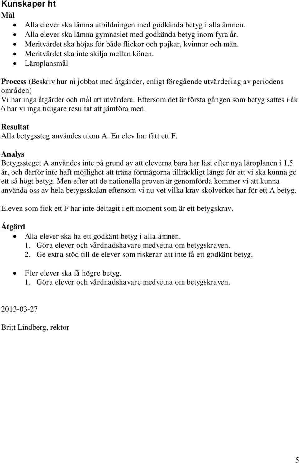 Eftersom det är första gången som betyg sattes i åk 6 har vi inga tidigare resultat att jämföra med. Alla betygssteg användes utom A. En elev har fått ett F.