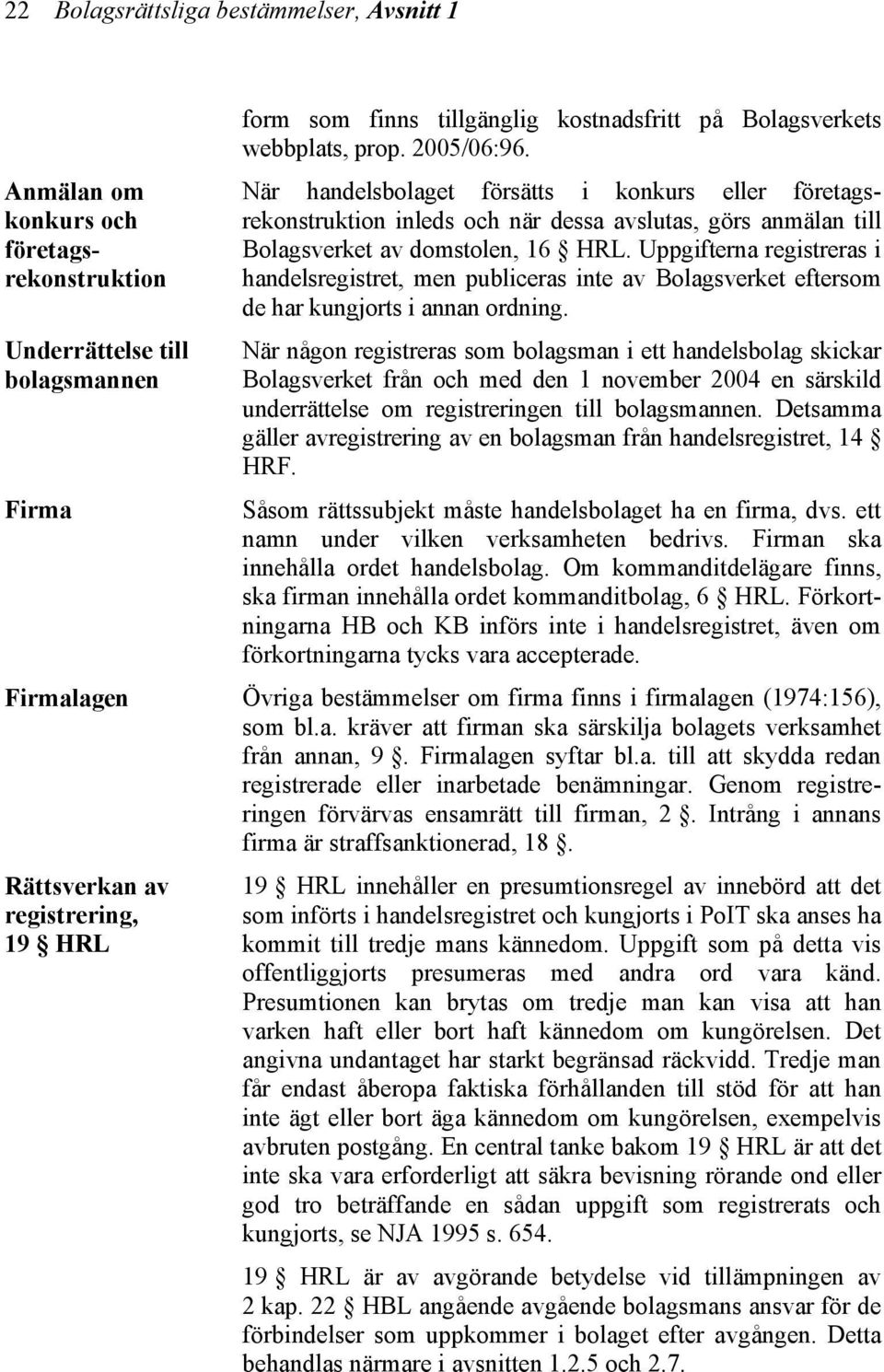 När handelsbolaget försätts i konkurs eller företagsrekonstruktion inleds och när dessa avslutas, görs anmälan till Bolagsverket av domstolen, 16 HRL.