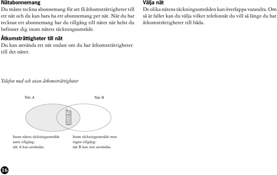 Åtkomsträttigheter till nät Du kan använda ett nät endast om du har åtkomsträttigheter till det nätet. Välja nät De olika nätens täckningsområden kan överlappa varandra.