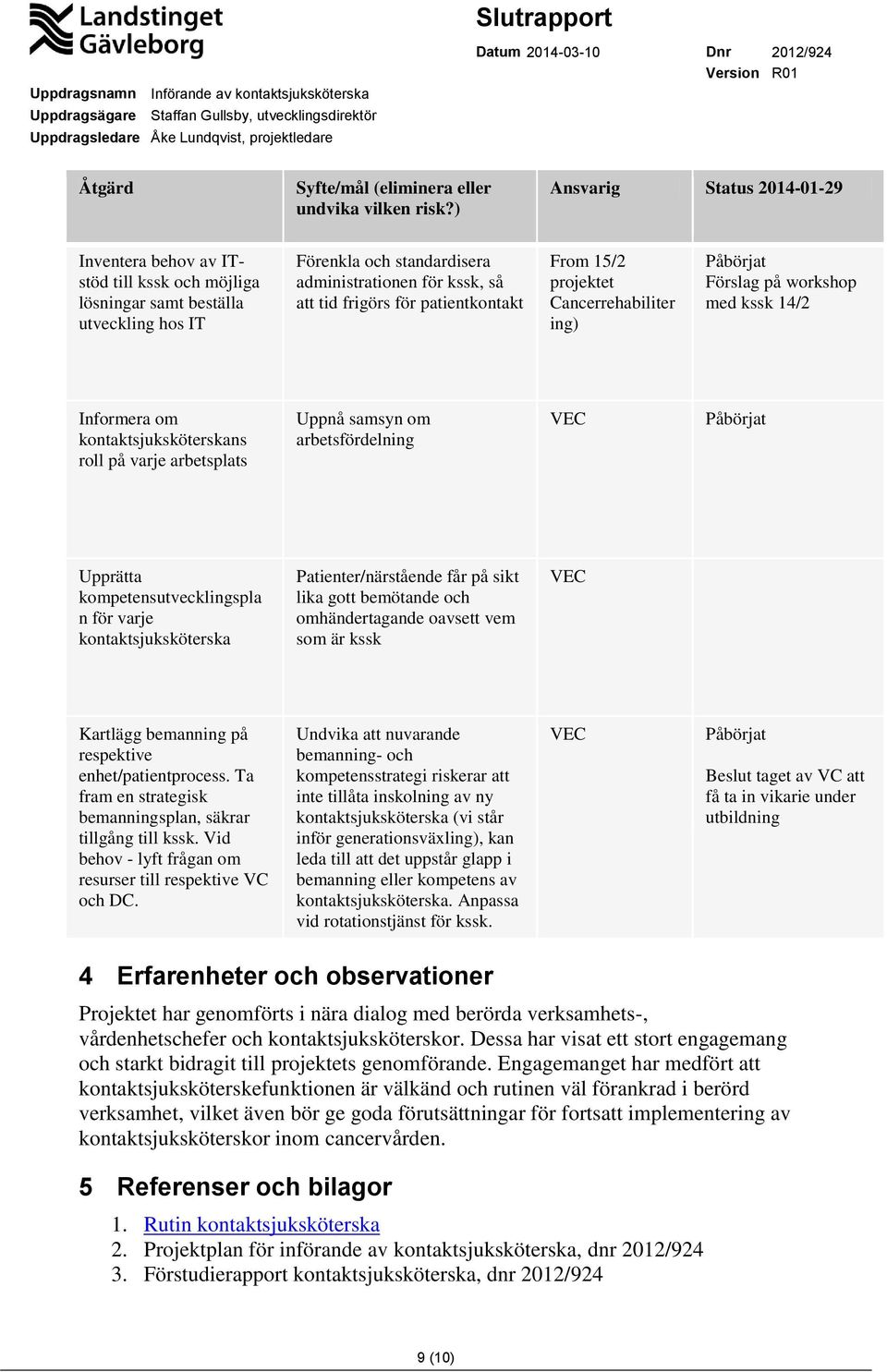 patientkontakt From 15/2 projektet Cancerrehabiliter ing) Påbörjat Förslag på workshop med kssk 1/2 Informera om kontaktsjuksköterskans roll på varje arbetsplats Uppnå samsyn om arbetsfördelning VEC