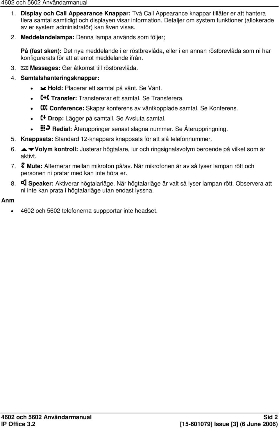 Meddelandelampa: Denna lampa används som följer; På (fast sken): Det nya meddelande i er röstbrevlåda, eller i en annan röstbrevlåda som ni har konfigurerats för att at emot meddelande ifrån. 3.