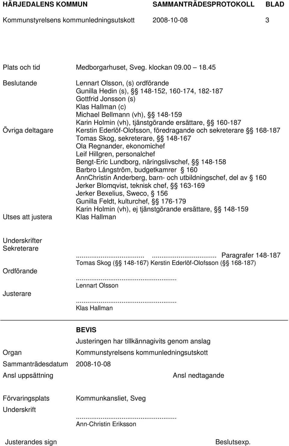 ersättare, 160-187 Övriga deltagare Kerstin Ederlöf-Olofsson, föredragande och sekreterare 168-187 Tomas Skog, sekreterare, 148-167 Ola Regnander, ekonomichef Leif Hillgren, personalchef Bengt-Eric