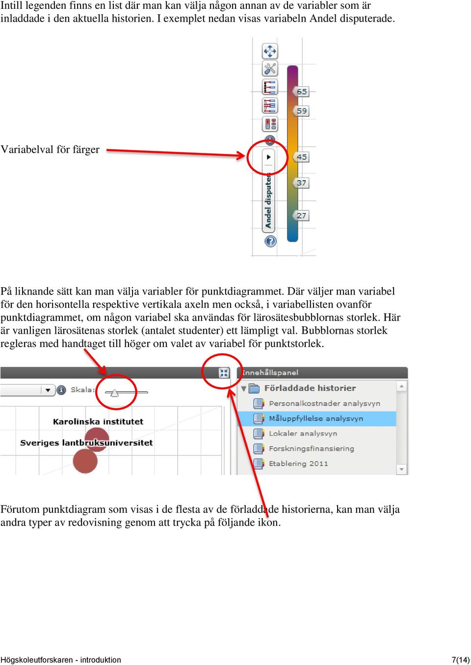 Där väljer man variabel för den horisontella respektive vertikala axeln men också, i variabellisten ovanför punktdiagrammet, om någon variabel ska användas för lärosätesbubblornas storlek.