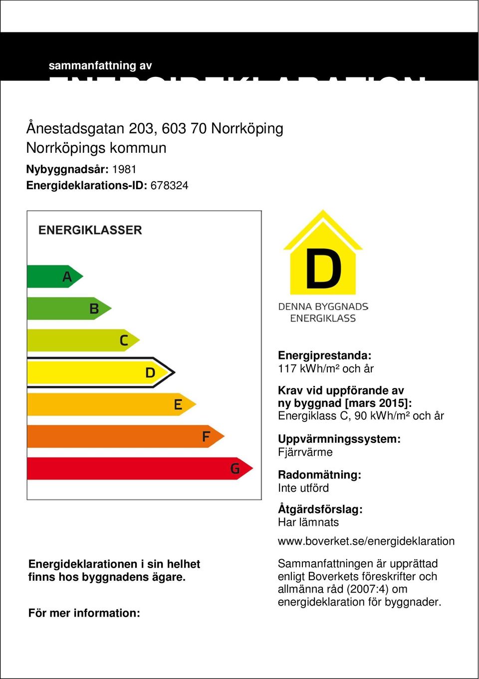 Radonmätning: Inte utförd Åtgärdsförslag: Har lämnats www.boverket.
