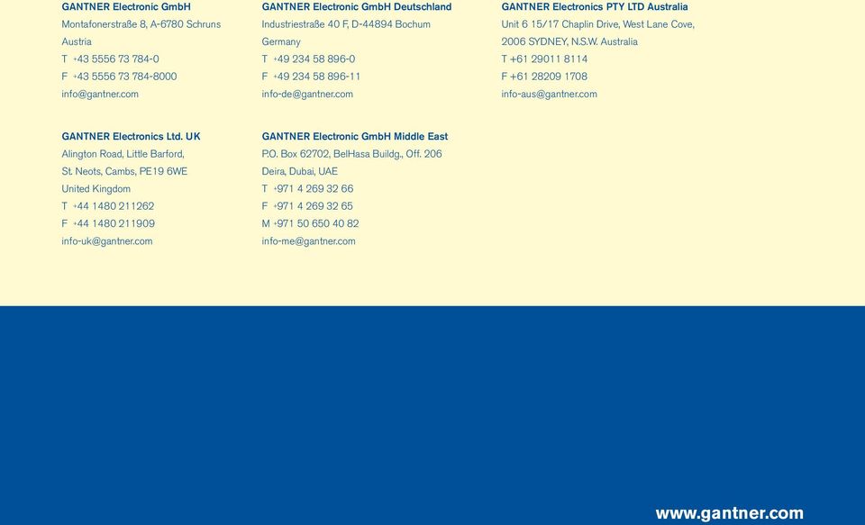 com GANTNER Electronics PTY LTD Australia Unit 6 15/17 Chaplin Drive, West Lane Cove, 2006 SYDNEY, N.S.W. Australia T +61 29011 8114 F +61 28209 1708 info-aus@gantner.com GANTNER Electronics Ltd.