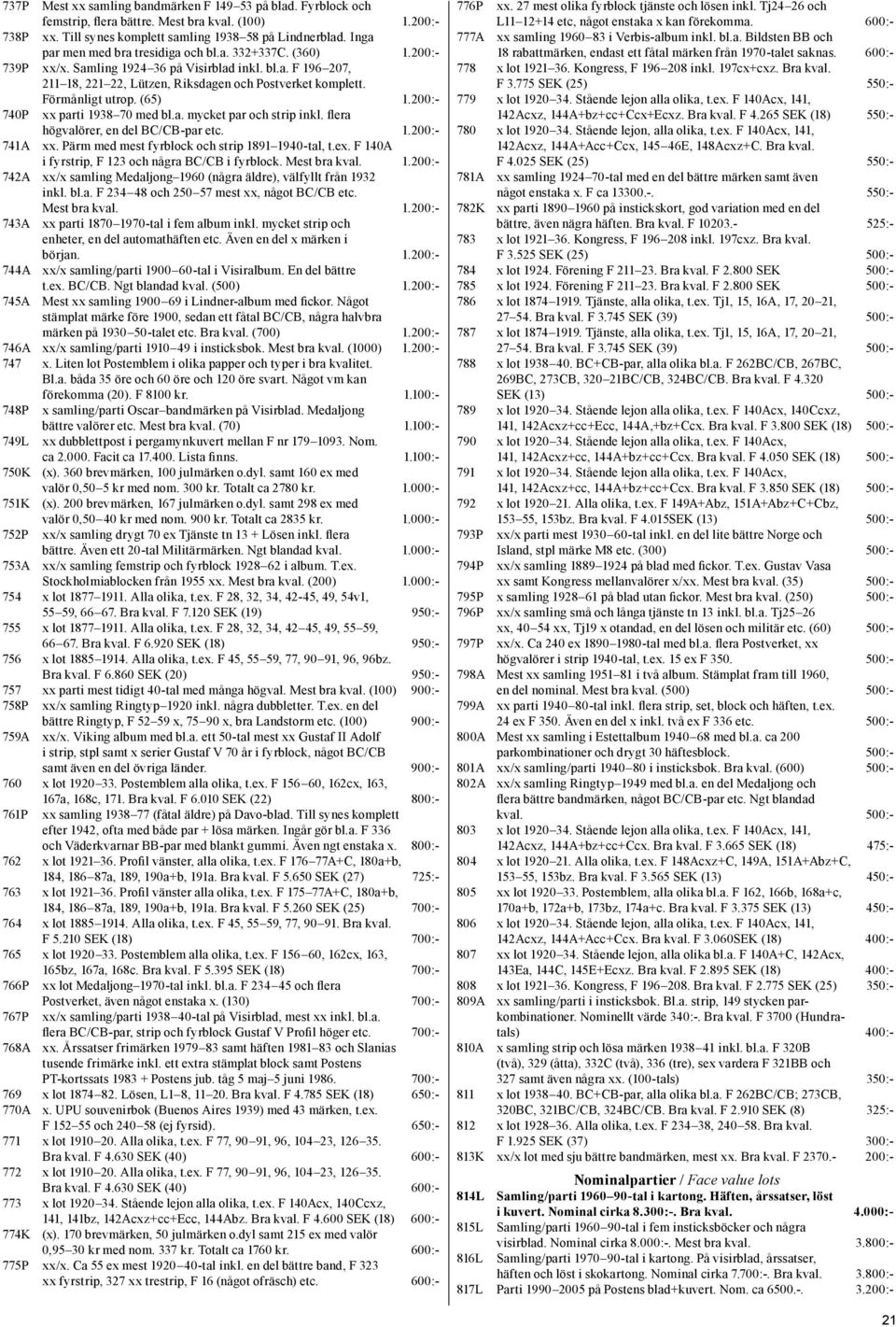 740P Förmånligt utrop. (65) 1.200:- xx parti 1938 70 med bl.a. mycket par och strip inkl. flera högvalörer, en del BC/CB-par etc. 1.200:- 741A xx. Pärm med mest fyrblock och strip 1891 1940-tal, t.ex.