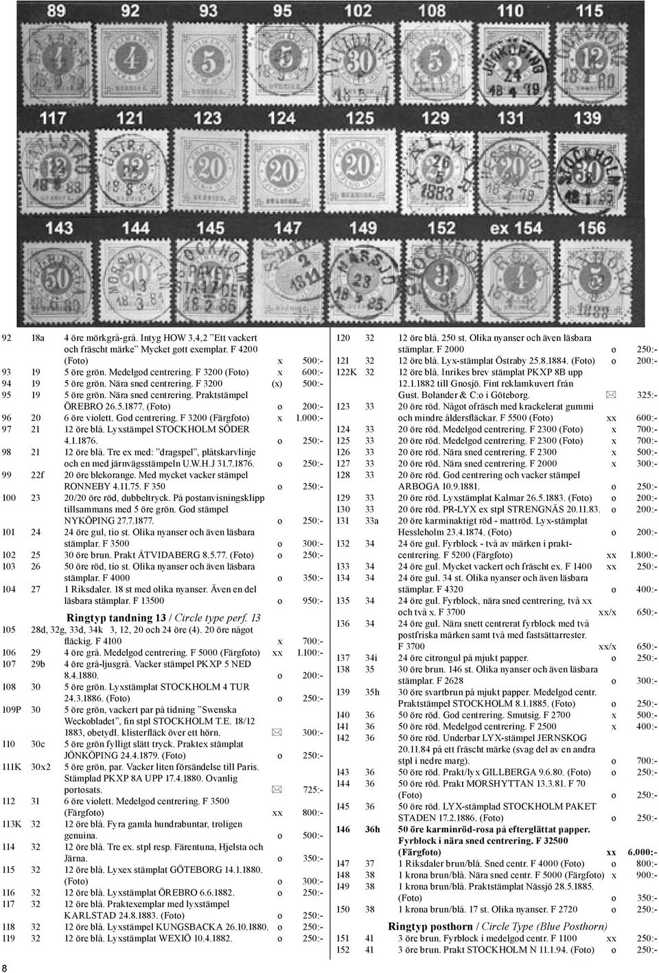 000:- 97 21 12 öre blå. Lyxstämpel STOCKHOLM SÖDER 4.1.1876. o 250:- 98 21 12 öre blå. Tre ex med: dragspel, plåtskarvlinje och en med järnvägsstämpeln U.W.H.J 31.7.1876. o 250:- 99 22f 20 öre blekorange.