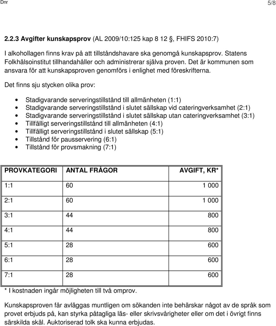 Det finns sju stycken olika prov: Stadigvarande serveringstillstånd till allmänheten (1:1) Stadigvarande serveringstillstånd i slutet sällskap vid cateringverksamhet (2:1) Stadigvarande