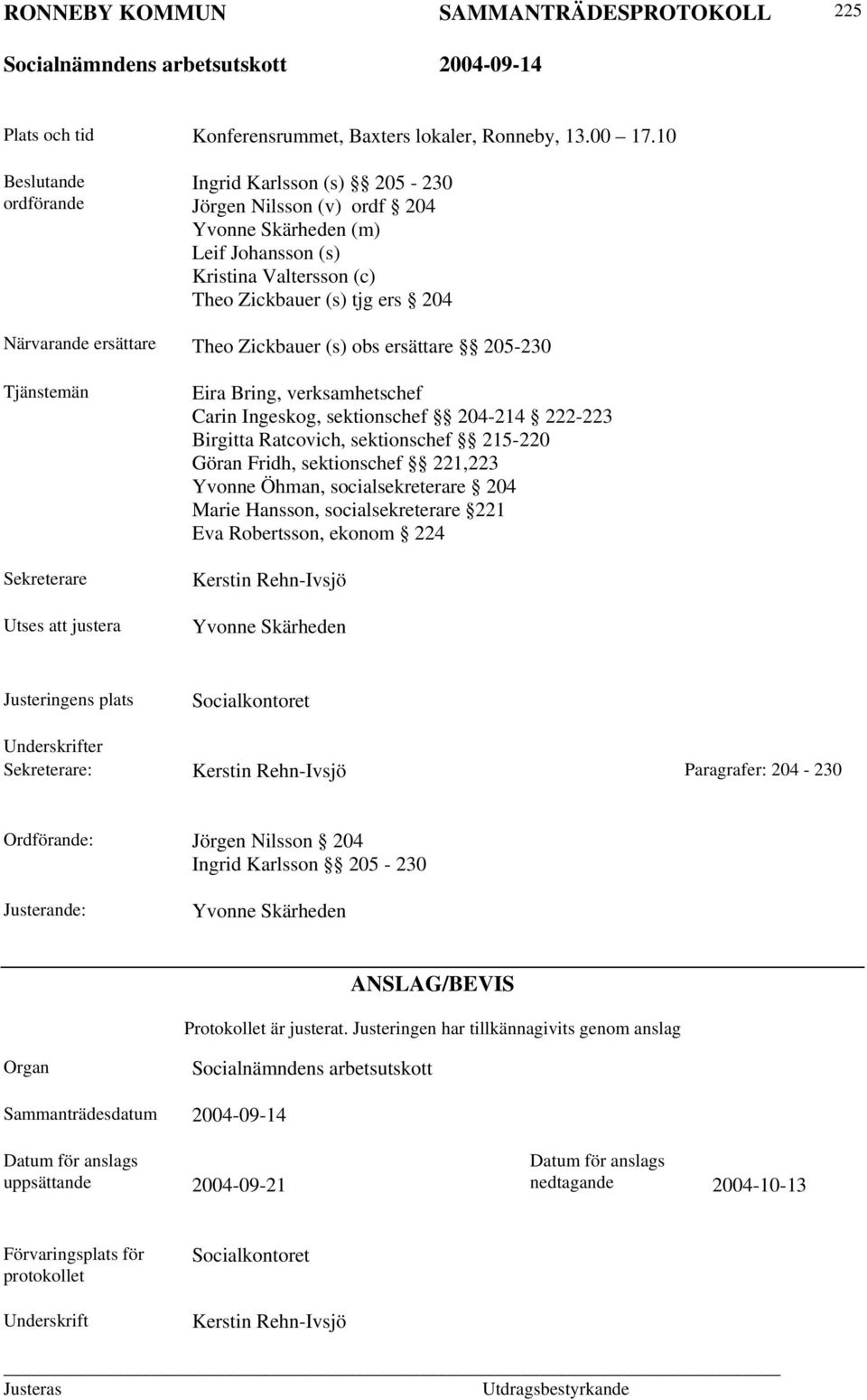 Theo Zickbauer (s) obs ersättare 205-230 Tjänstemän Sekreterare Utses att justera Eira Bring, verksamhetschef Carin Ingeskog, sektionschef 204-214 222-223 Birgitta Ratcovich, sektionschef 215-220