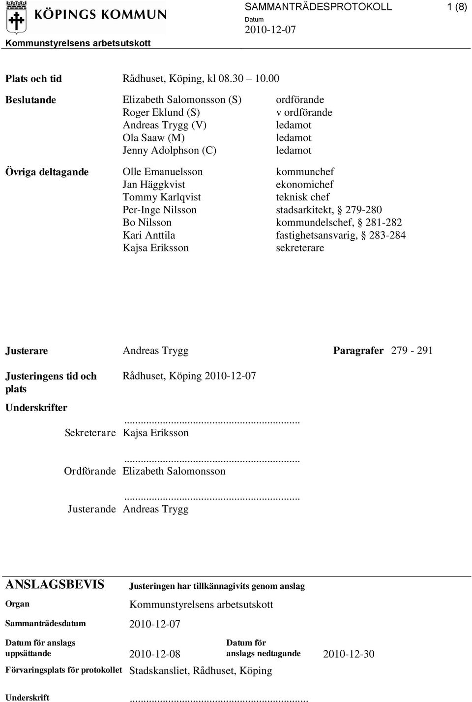 Häggkvist ekonomichef Tommy Karlqvist teknisk chef Per-Inge Nilsson stadsarkitekt, 279-280 Bo Nilsson kommundelschef, 281-282 Kari Anttila fastighetsansvarig, 283-284 Kajsa Eriksson sekreterare