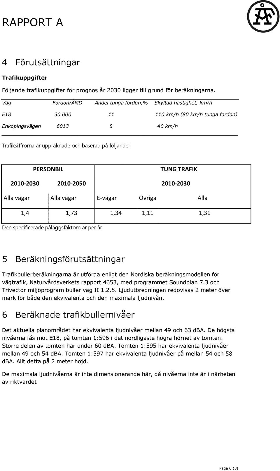 PERSONBIL TUNG TRAFIK 2010-2030 2010-2050 2010-2030 Alla vägar Alla vägar E-vägar Övriga Alla 1,4 1,73 1,34 1,11 1,31 Den specificerade påläggsfaktorn är per år 5 Beräkningsförutsättningar