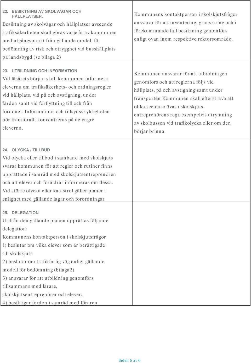 landsbygd (se bilaga 2) Kommunens kontaktperson i skolskjutsfrågor ansvarar för att inventering, granskning och i förekommande fall besiktning genomförs enligt ovan inom respektive rektorsområde. 23.