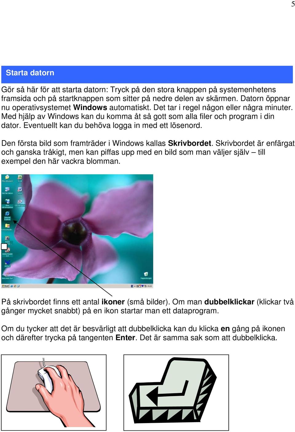 Eventuellt kan du behöva logga in med ett lösenord. Den första bild som framträder i Windows kallas Skrivbordet.