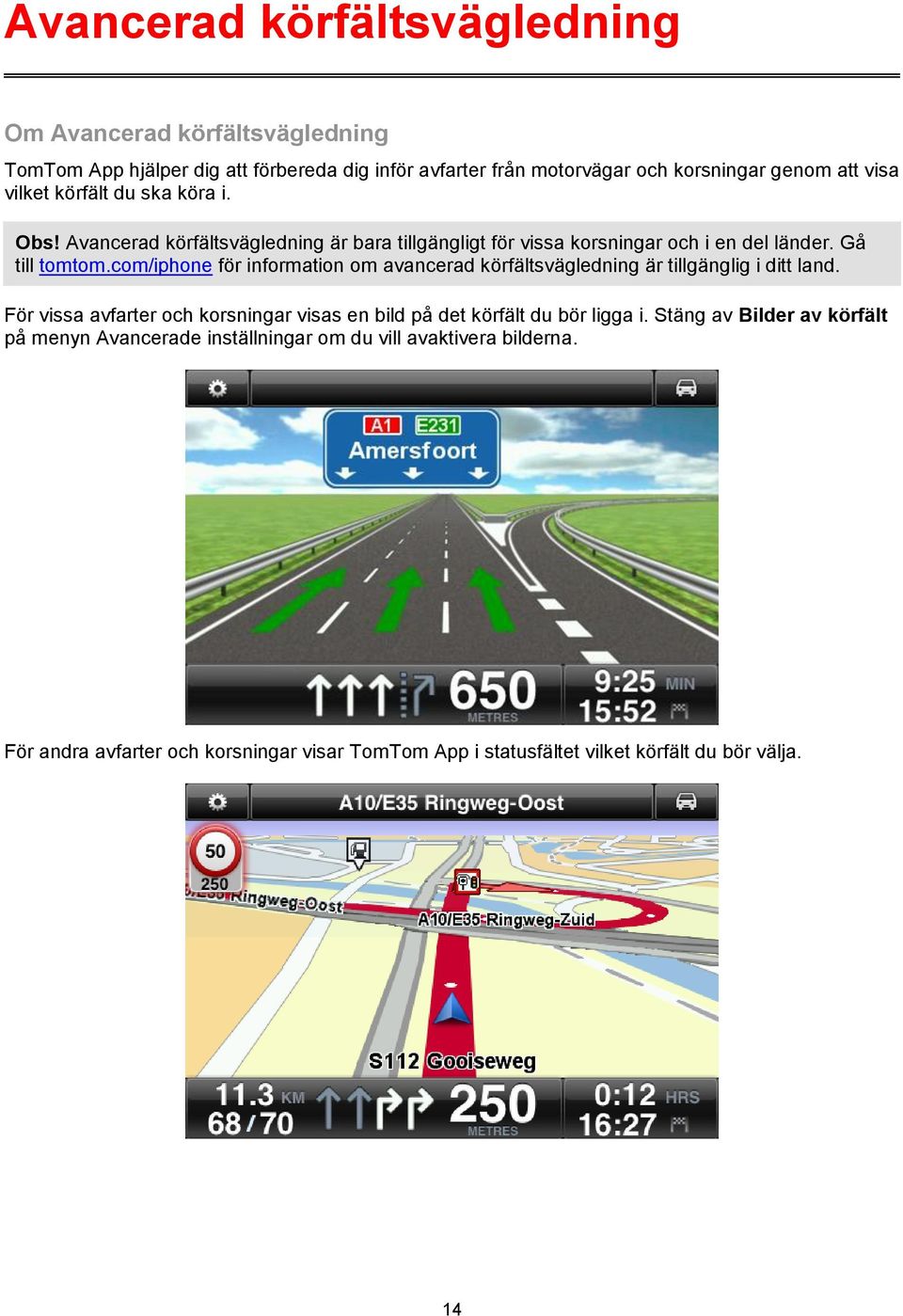 com/iphone för information om avancerad körfältsvägledning är tillgänglig i ditt land. För vissa avfarter och korsningar visas en bild på det körfält du bör ligga i.