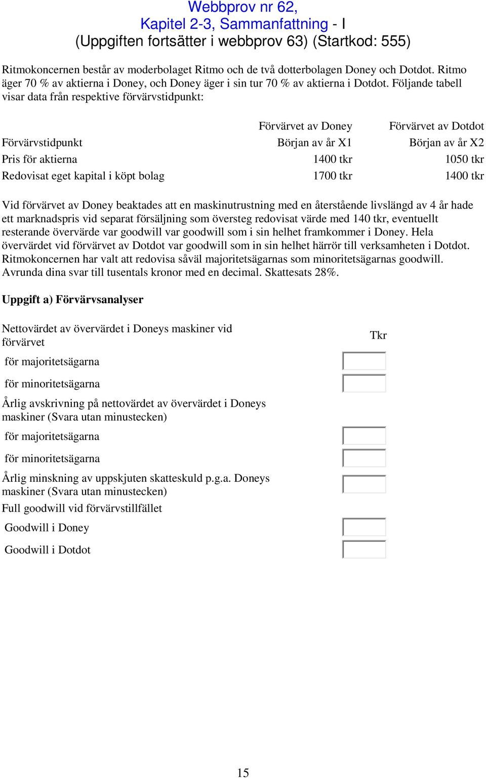 Följande tabell visar data från respektive förvärvstidpunkt: Förvärvet av Doney Förvärvet av Dotdot Förvärvstidpunkt Början av år X1 Början av år X2 Pris för aktierna 1400 tkr 1050 tkr Redovisat eget