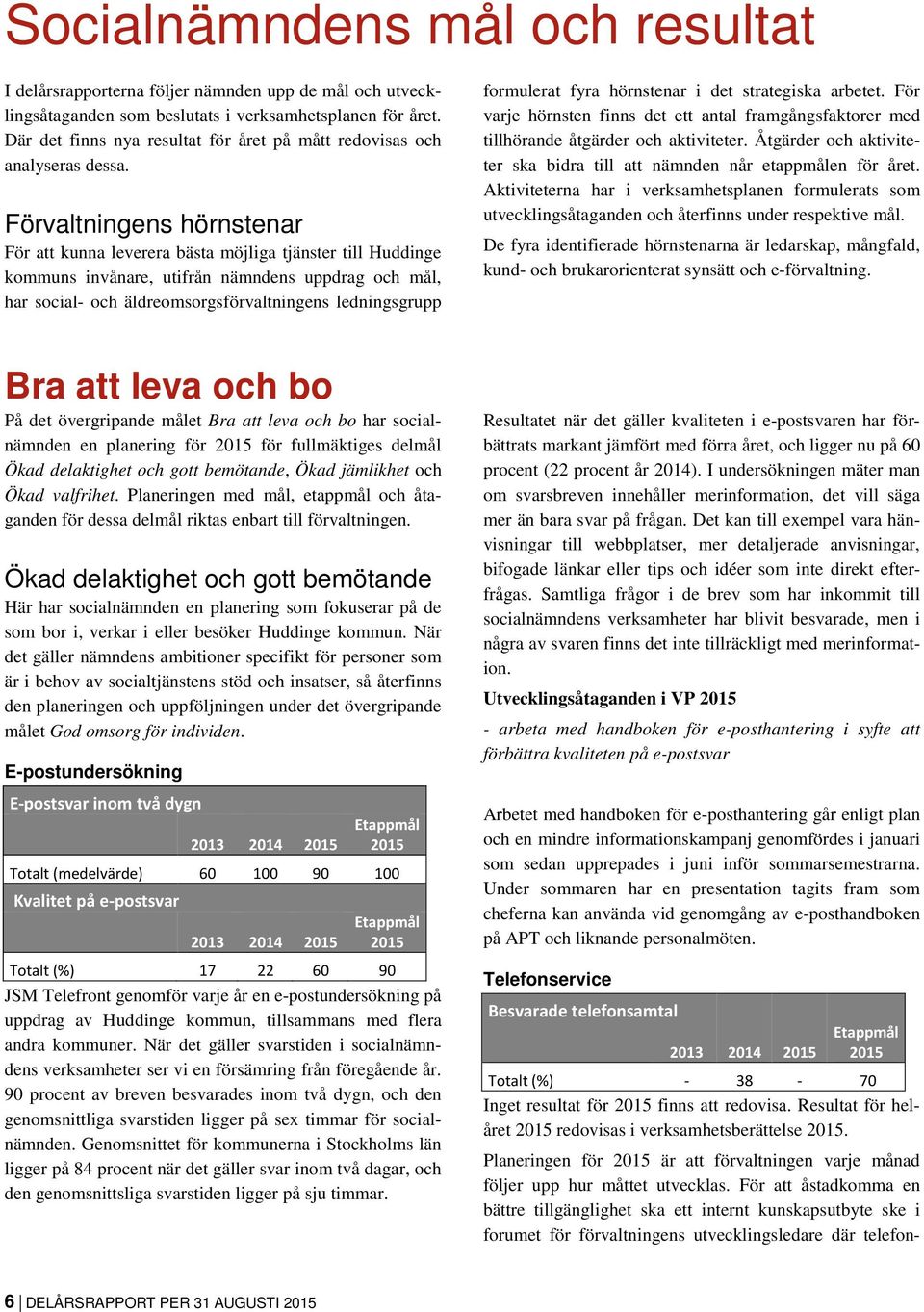 Förvaltningens hörnstenar För att kunna leverera bästa möjliga tjänster till Huddinge kommuns invånare, utifrån nämndens uppdrag och mål, har social- och äldreomsorgsförvaltningens ledningsgrupp