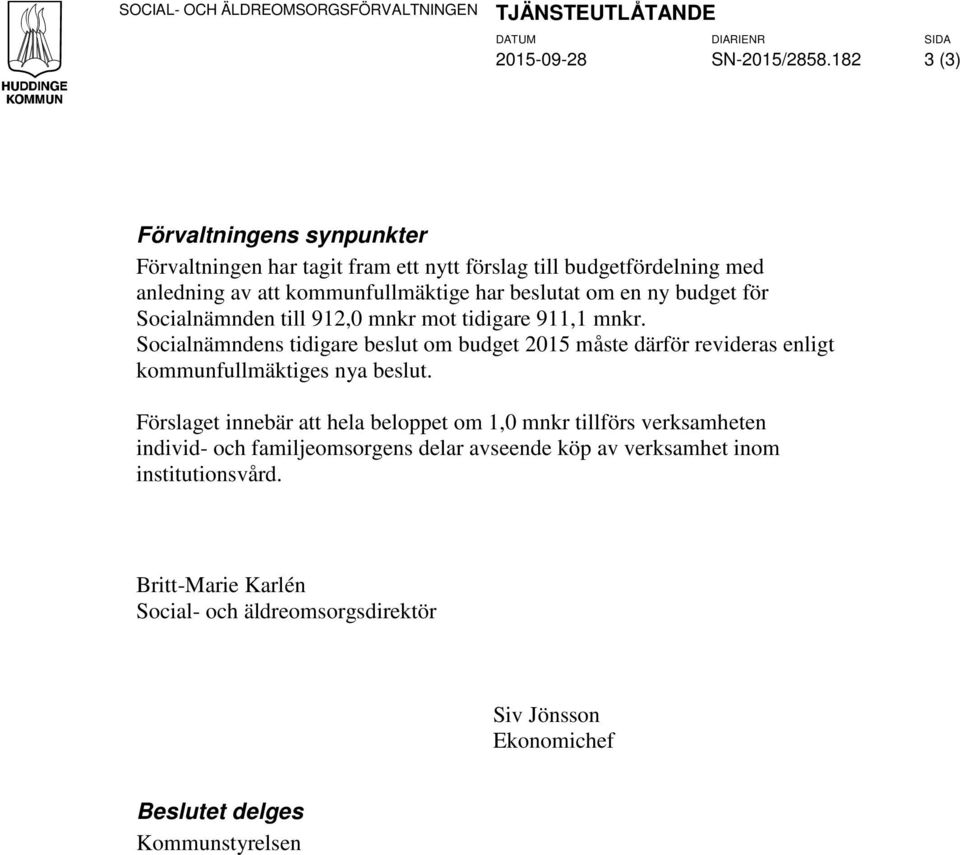 för Socialnämnden till 912,0 mnkr mot tidigare 911,1 mnkr. Socialnämndens tidigare beslut om budget 2015 måste därför revideras enligt kommunfullmäktiges nya beslut.