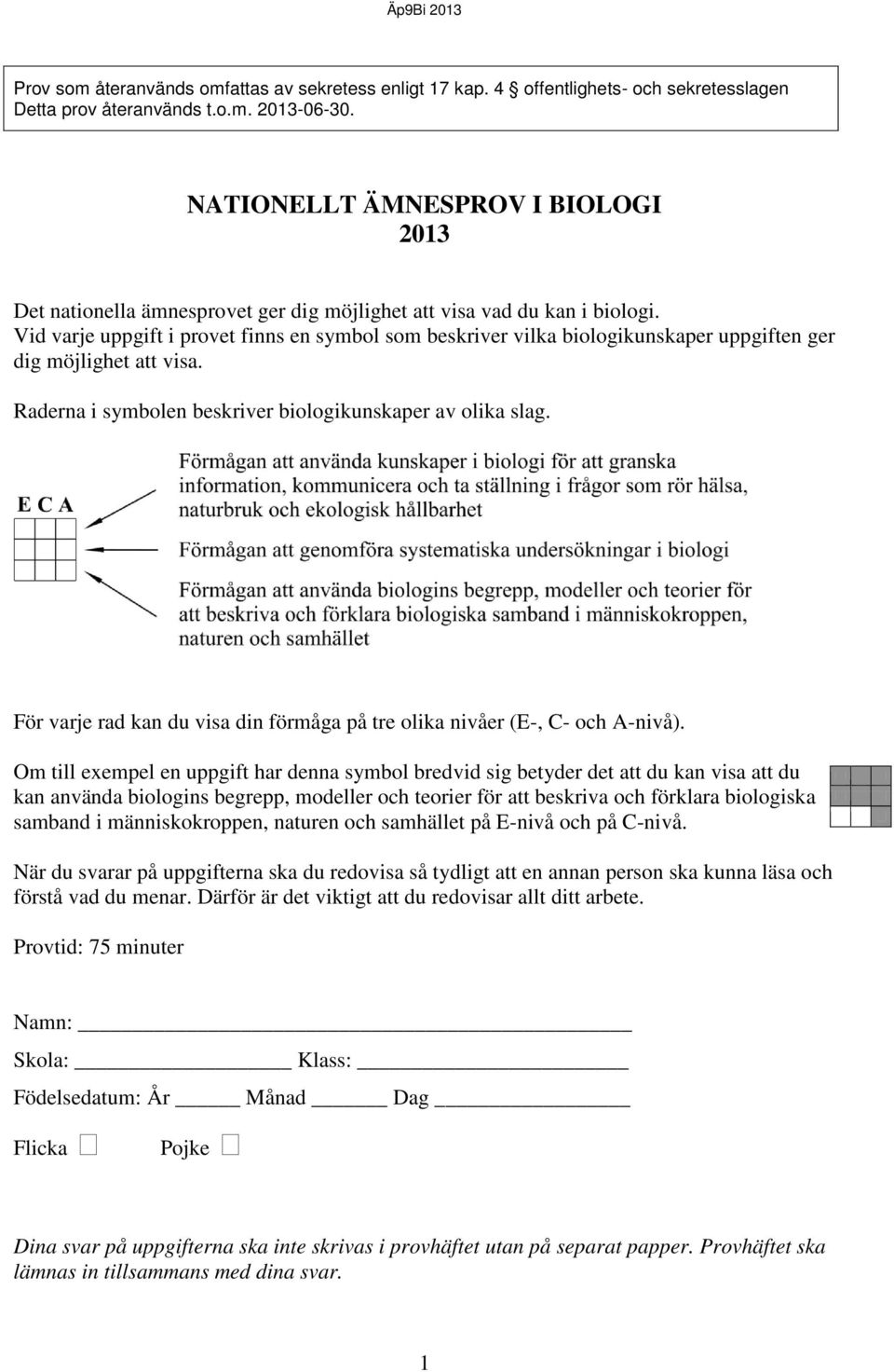 Vid varje uppgift i provet finns en symbol som beskriver vilka biologikunskaper uppgiften ger dig möjlighet att visa. Raderna i symbolen beskriver biologikunskaper av olika slag.