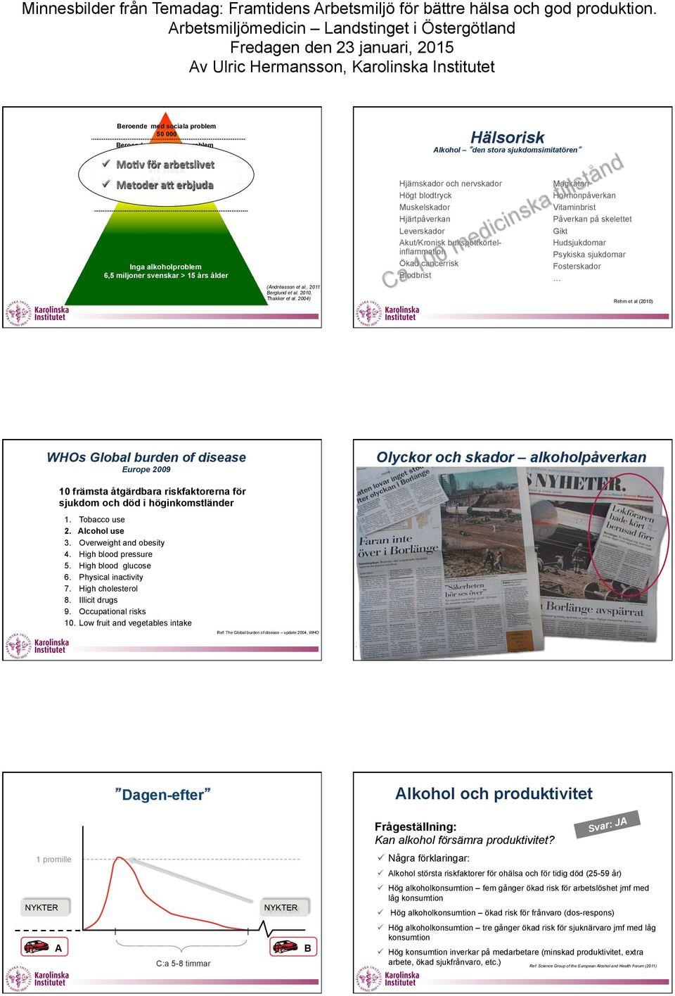 2004) Hälsorisk Alkohol den stora sjukdomsimitatören ü Hjärnskador och nervskador ü Högt blodtryck ü Muskelskador ü Hjärtpåverkan ü Leverskador ü Akut/Kronisk bukspottkörtelinflammation ü Ökad