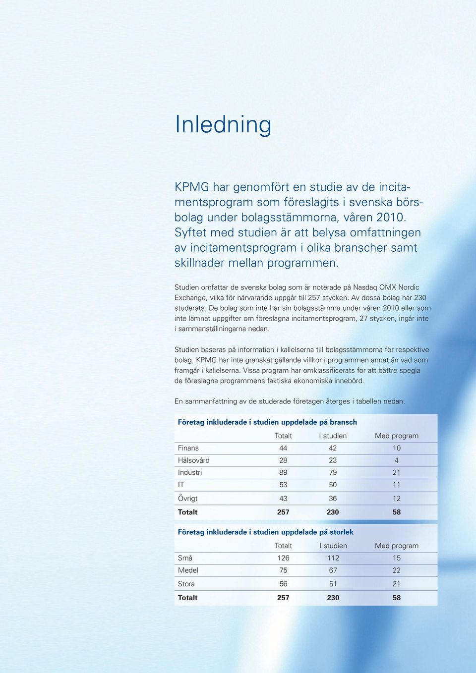 Studien omfattar de svenska bolag som är noterade på Nasdaq OMX Nordic Exchange, vilka för närvarande uppgår till 257 stycken. Av dessa bolag har 230 studerats.