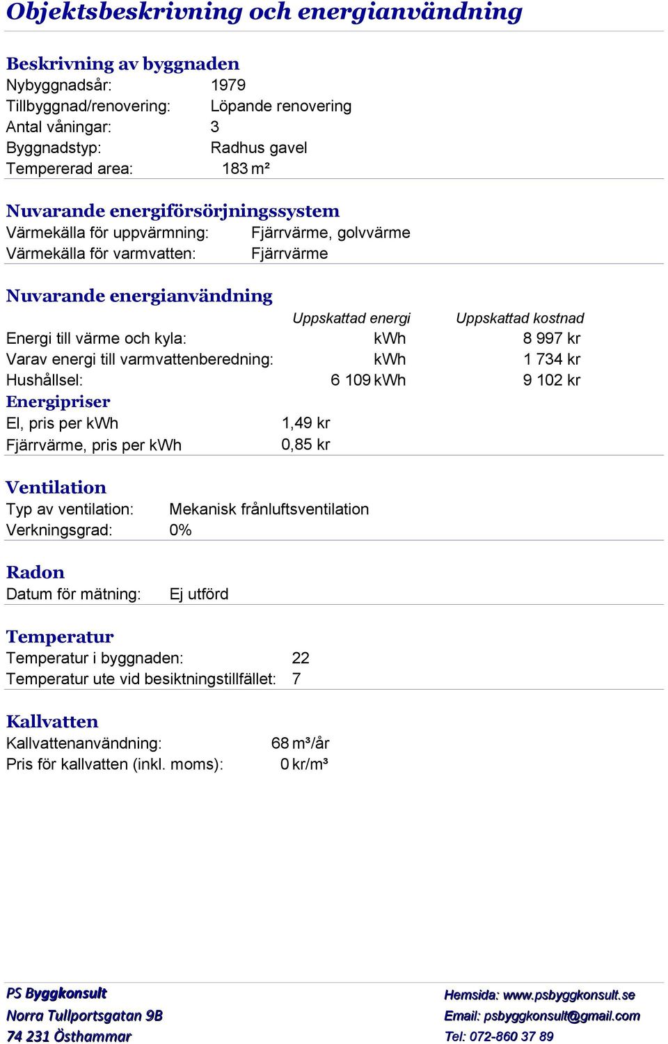 varmvattenberedning: Hushållsel: Energipriser El, pris per kwh Fjärrvärme, pris per kwh Uppskattad energi Uppskattad kostnad kwh 8 997 kr kwh 1 734 kr 6 109 kwh 9 102 kr 1,49 kr 0,85 kr Ventilation