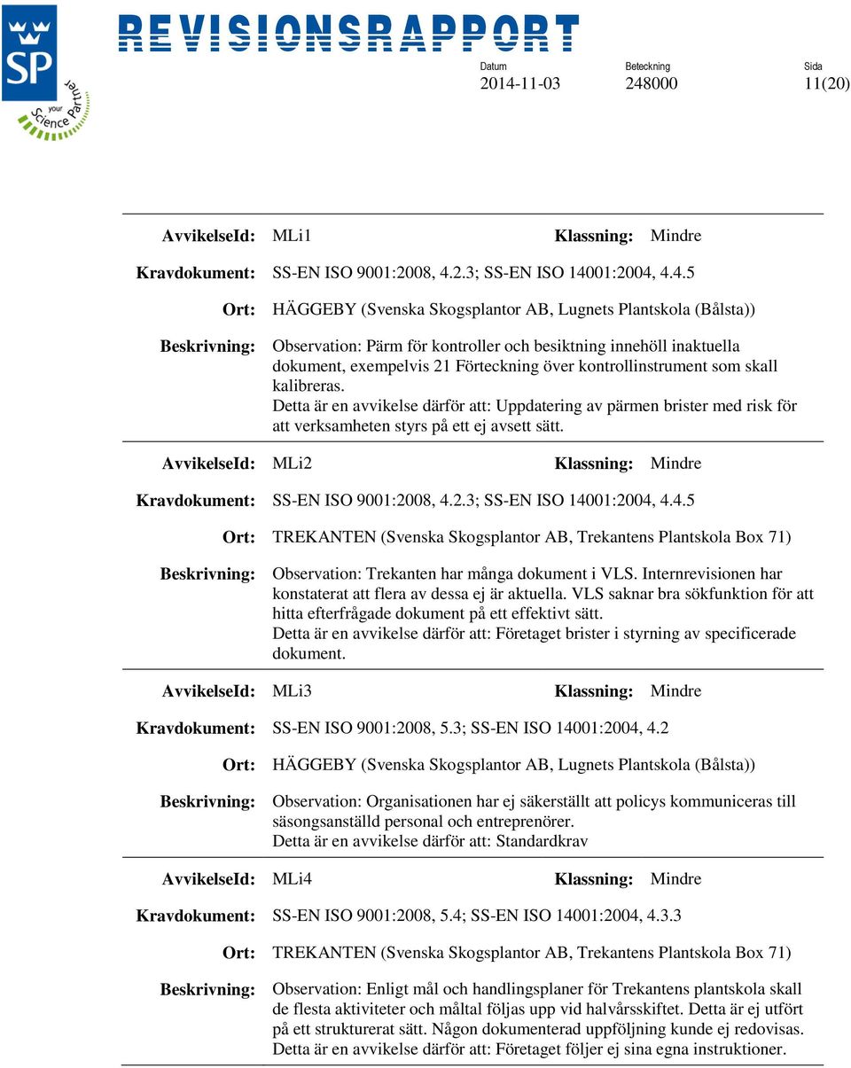 Detta är en avvikelse därför att: Uppdatering av pärmen brister med risk för att verksamheten styrs på ett ej avsett sätt. AvvikelseId: MLi2 Kravdokument: SS-EN ISO 9001:2008, 4.2.3; SS-EN ISO 14001:2004, 4.