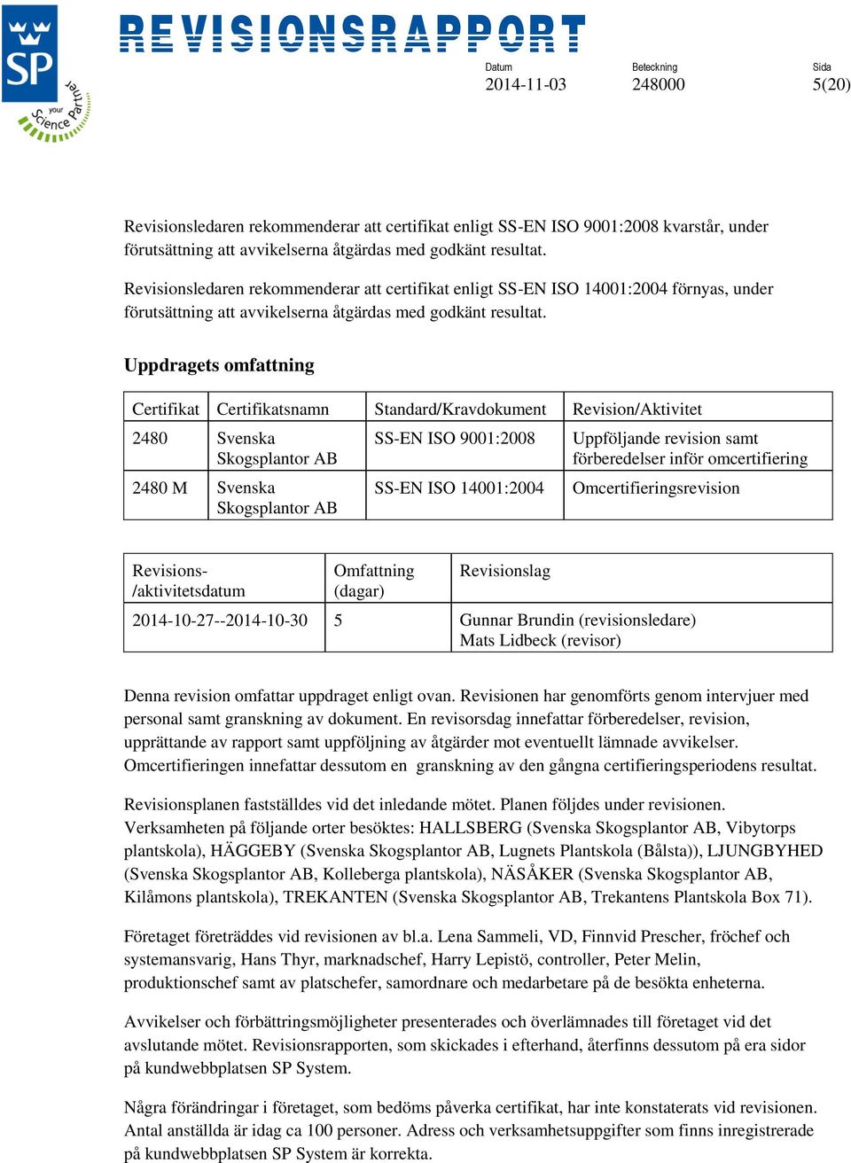 Uppdragets omfattning Certifikat Certifikatsnamn Standard/Kravdokument Revision/Aktivitet 2480 Svenska Skogsplantor AB 2480 M Svenska Skogsplantor AB SS-EN ISO 9001:2008 SS-EN ISO 14001:2004