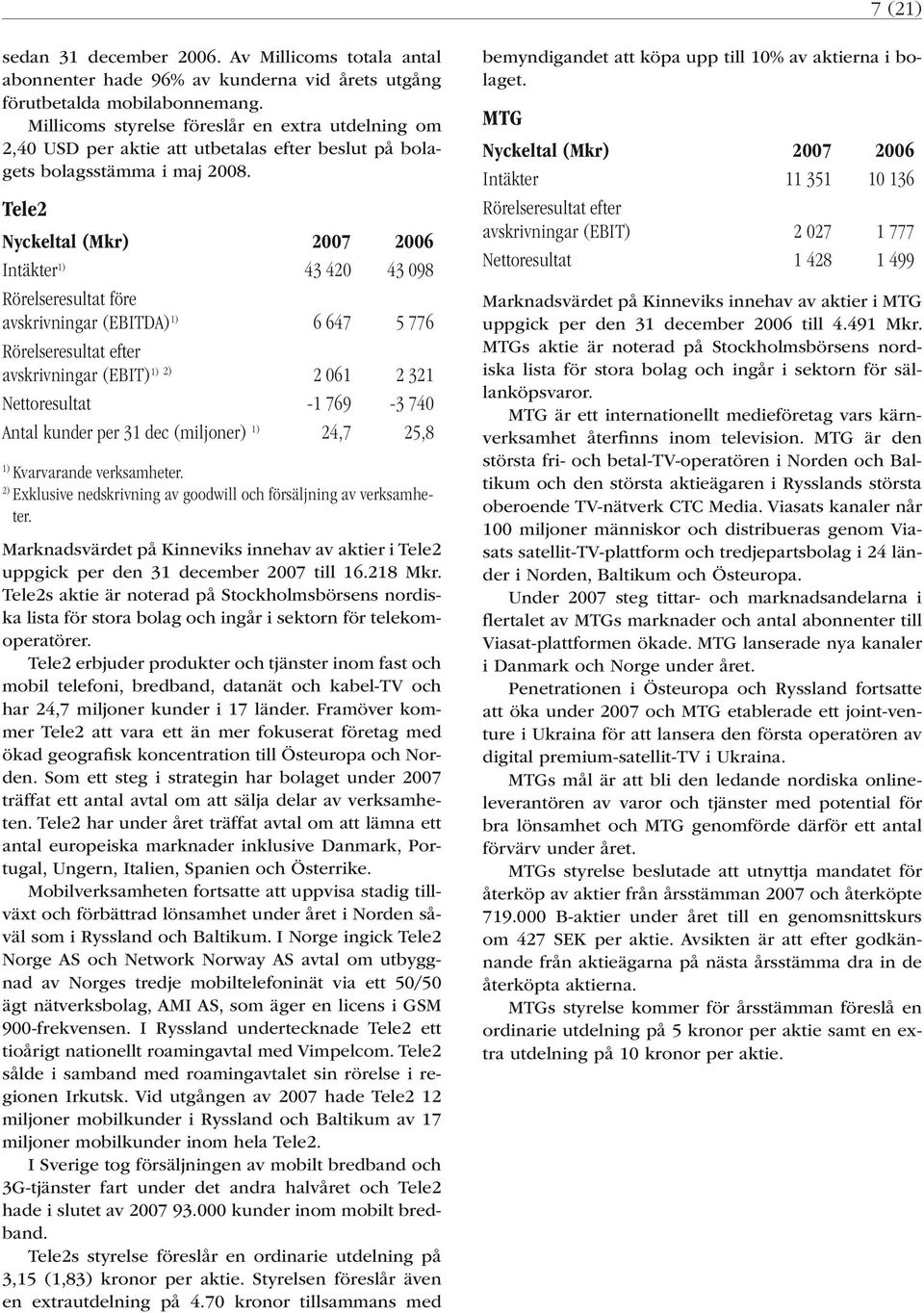 Tele2 Nyckeltal (Mkr) Intäkter 1) 43 420 43 098 Rörelseresultat före avskrivningar (EBITDA) 1) 6 647 5 776 Rörelseresultat efter avskrivningar (EBIT) 1) 2) 2 061 2 321 Nettoresultat -1 769-3 740