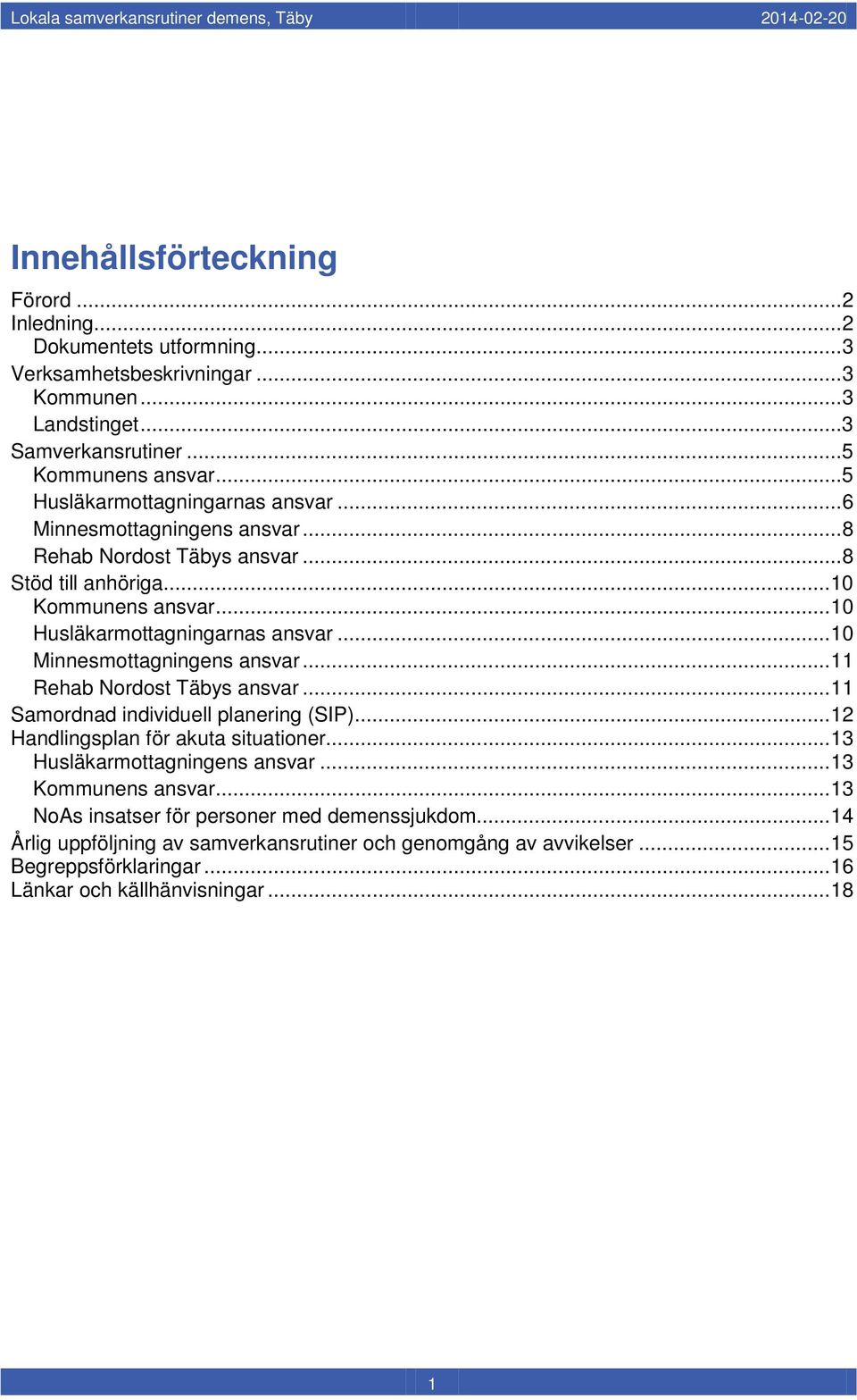 .. 10 Minnesmottagningens ansvar... 11 Rehab Nordost Täbys ansvar... 11 Samordnad individuell planering (SIP)... 12 Handlingsplan för akuta situationer... 13 Husläkarmottagningens ansvar.